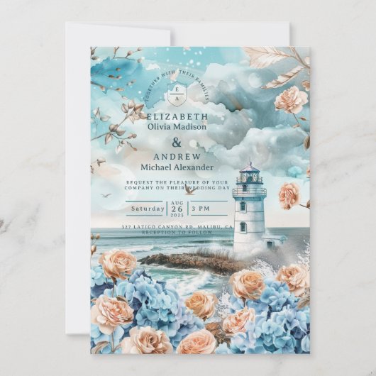 Invitation Pastel Coastal Lighthouse Ocean Wedding (Devant)