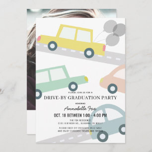 Invitation Pastel Colour Cars Photo Drive-by Graduation Party