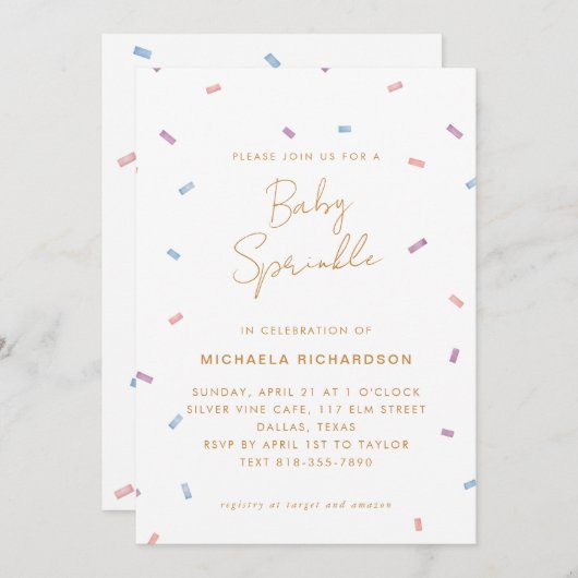 INVITATION PASTEL CONFETTI BABY SPRINKLE MODERNE MINIMAL | (Devant / Derrière)