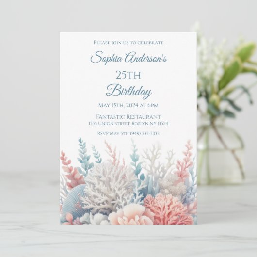 Invitation Pastel Coral Reef-Beach Thème- Anniversaire (Debout devant)