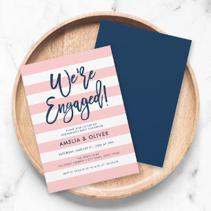 Invitation Pastel Coral Rose Stripes Blue Engagement Party