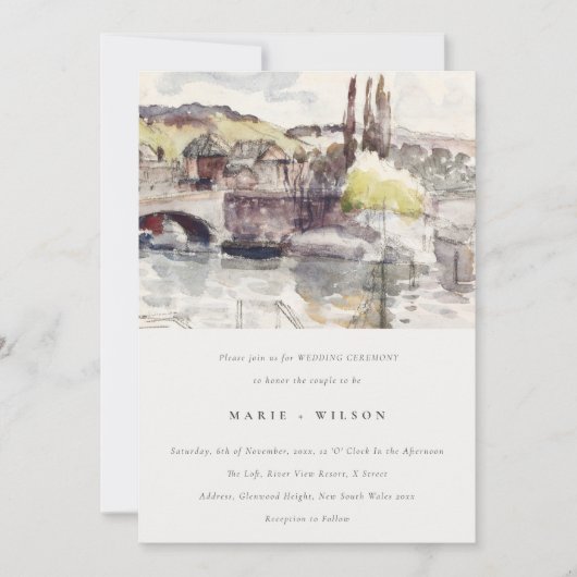Invitation Pastel Country Bridge Riverside Watercolor Mariage (Devant)