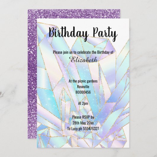 INVITATION PASTEL CRYSTAL PARTIES SCINTILLANT ANNIVERSAIRE IN (Devant / Derrière)