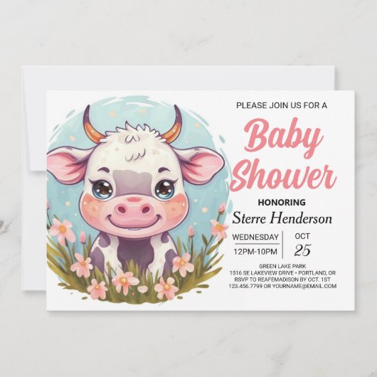 Invitation Pastel Custom Farmyard Cow Baby shower (Devant)