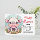 Invitation Pastel Custom Farmyard Cow Baby shower (Debout devant)