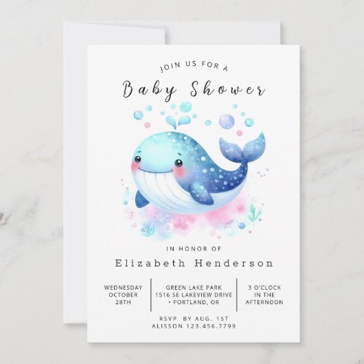 Invitation Pastel Custom Whale Baby shower (Devant)
