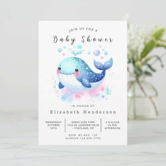 Invitation Pastel Custom Whale Baby shower (Debout devant)
