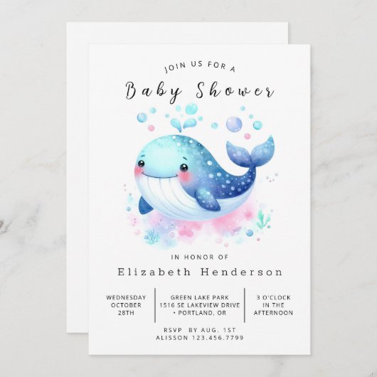 Invitation Pastel Custom Whale Baby shower (Devant / Derrière)