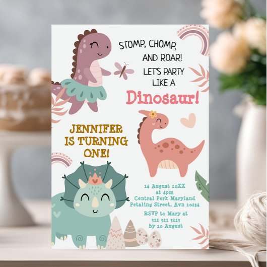 Invitation Pastel Cute Dino Premier Anniversaire Dinosaur
