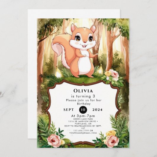Invitation Pastel Cute Squirrel Anniversaire (Devant / Derrière)