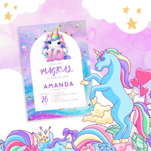 Invitation Pastel Cute Unicorn Girl 10e anniversaire Invitati