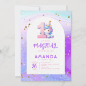 Invitation Pastel Cute Unicorn Girl 1er anniversaire (Devant)
