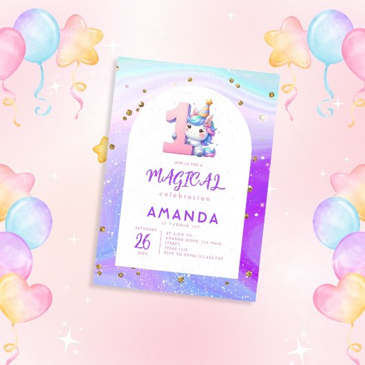 Invitation Pastel Cute Unicorn Girl 1er anniversaire