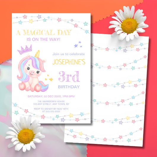Invitation Pastel Cute Unicorn Jour magique Anniversaire