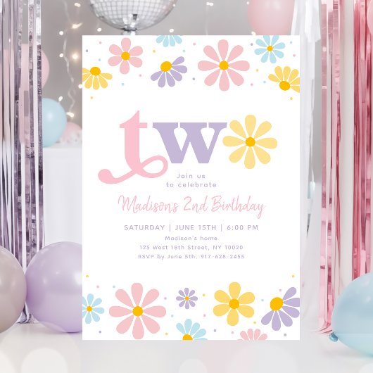 Invitation Pastel Daisy Boho Deuxième anniversaire