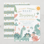 Invitation Pastel Dinosaur Stomp Chomp Roar 1er anniversaire (Devant / Derrière)