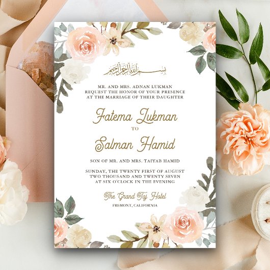 Invitation Pastel doux Pêcher Floral musulman musulman Mariag
