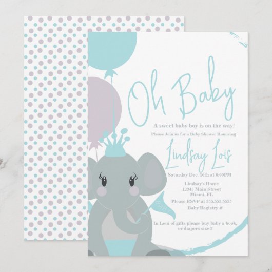 Invitation Pastel Elephant Baby Girl Script Baby shower (Devant / Derrière)