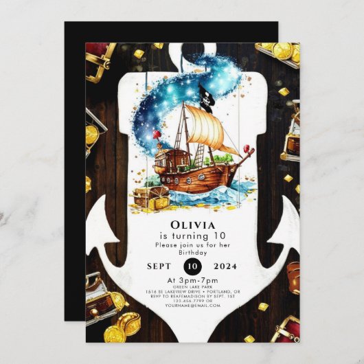 Invitation Pastel enchanté Chasse au trésor Pirate Anniversai (Devant / Derrière)