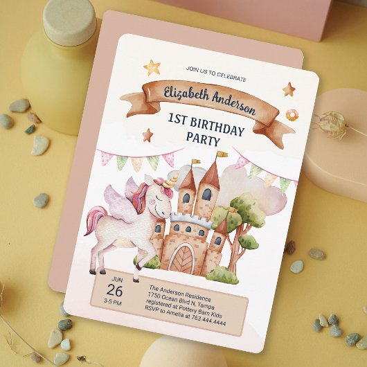 Invitation Pastel Fairytale Unicorn Castle Girl Anniversaire