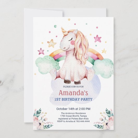 Invitation Pastel Fairytale Unicorn fille Anniversaire (Devant)