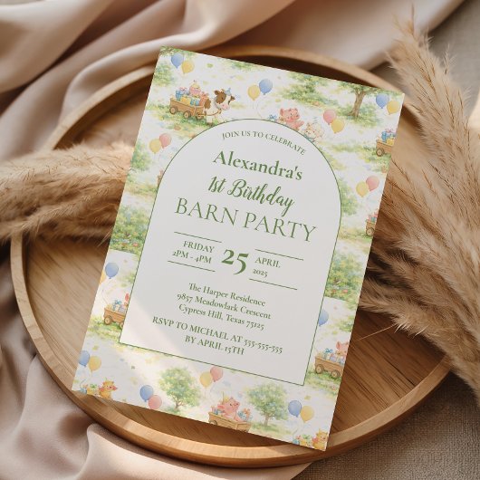 Invitation Pastel Farm Animals Barn Party 1st Birthday