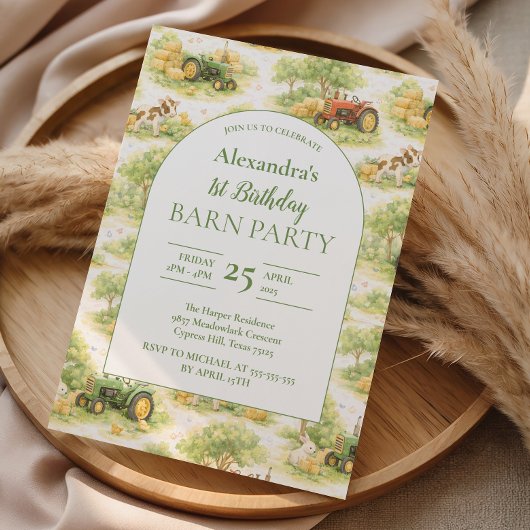 Invitation Pastel Farm Tractor Barnyard 1st Birthday