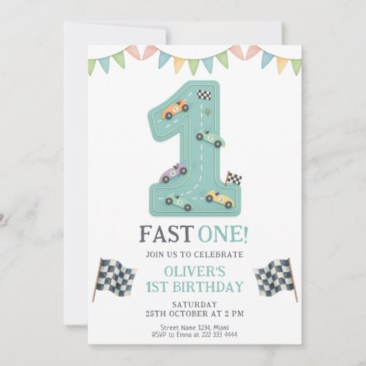 Invitation Pastel Fast One Birthday Race (Devant)