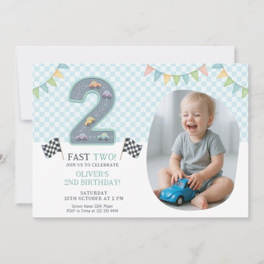 Invitation Pastel Fast Two Birthday Car (Devant)