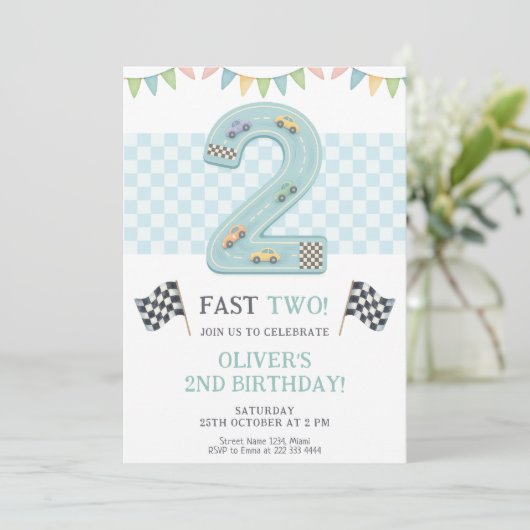 Invitation Pastel Fast Two Birthday Race (Debout devant)