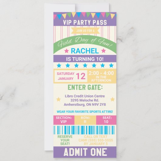 Invitation Pastel Field Day, Sports Theme Ticket Anniversaire (Devant)