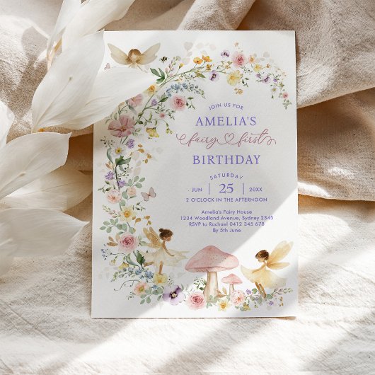 Invitation Pastel Fleur sauvage Fairy Premier Anniversaire Fê