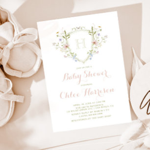 Invitation Pastel Fleur sauvage Monogram Crest Baby shower