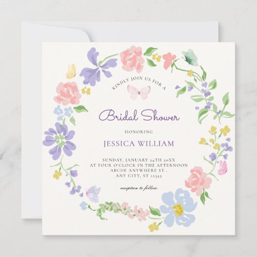 Invitation Pastel fleurs couronnes papillons douche nuptiale (Devant)