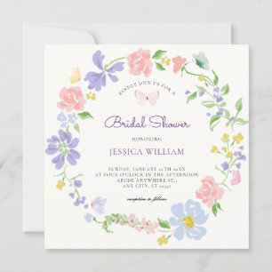 Invitation Pastel fleurs couronnes papillons douche nuptiale