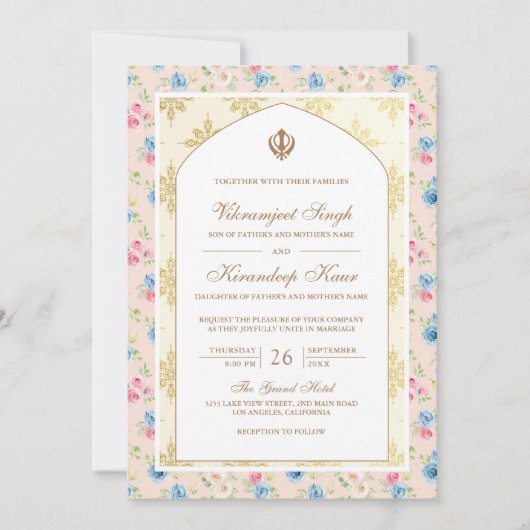 Invitation Pastel Floral Anand Karaj Punjabi Sikh Mariage (Devant)