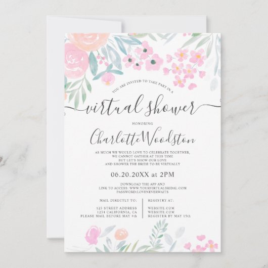 Invitation Pastel floral aquarelle script douche virtuelle (Devant)
