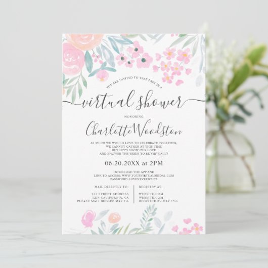 Invitation Pastel floral aquarelle script douche virtuelle (Debout devant)