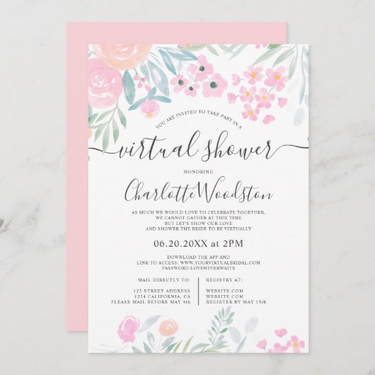 Invitation Pastel floral aquarelle script douche virtuelle (Devant / Derrière)