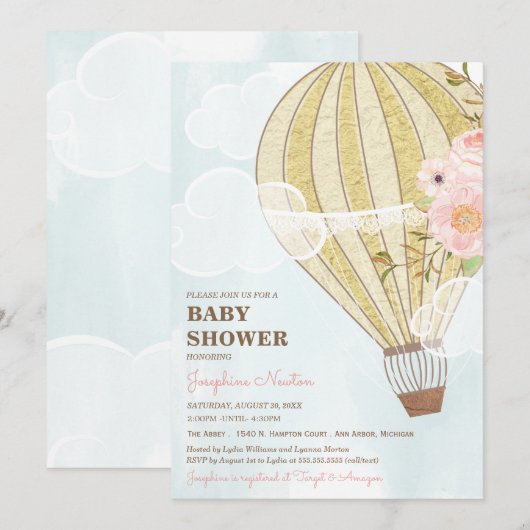 Invitation Pastel Floral & Gold Hot Air Baby shower (Devant / Derrière)