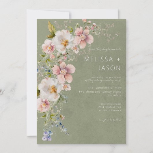Invitation Pastel Floral moderne Mariage vert (Devant)