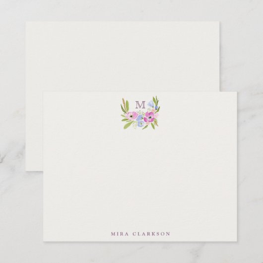 Invitation Pastel Floral Monogram Note Card (Devant / Derrière)