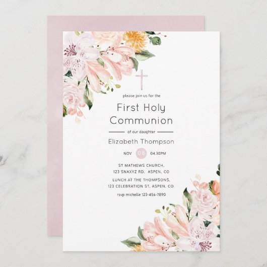 Invitation Pastel Floral Première Sainte Communion (Devant / Derrière)