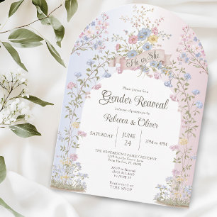 Invitation Pastel Floral Rose & Bleu Il ou Elle Révélation du