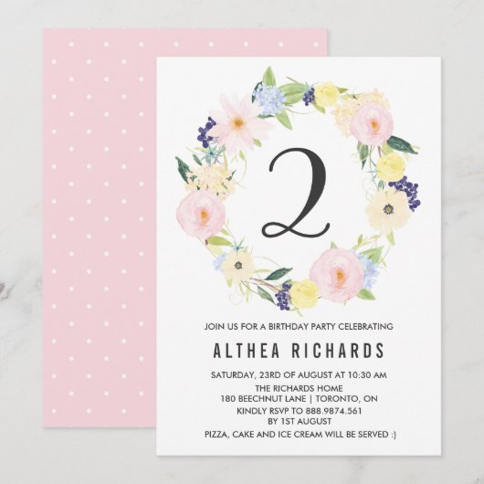 Invitation Pastel Floral Wreath Anniversaire de enfant Party  (Devant / Derrière)