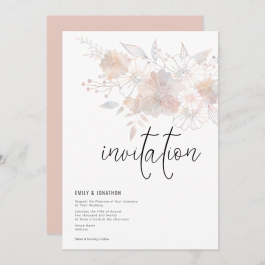 Invitation Pastel Florals Blush Peach Grey Mariage (Devant / Derrière)