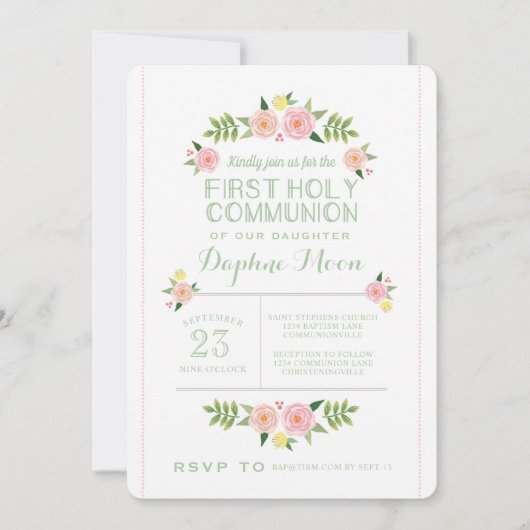 Invitation Pastel Flowers Première communion sainte Invitatio (Devant)