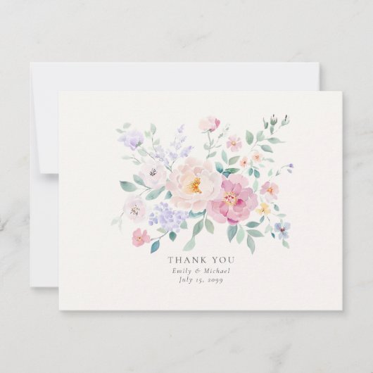 Invitation Pastel Flowers Watercolor Wedding Thank You Card (Devant)