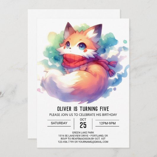 Invitation Pastel Fun Fox Anniversaire (Devant / Derrière)