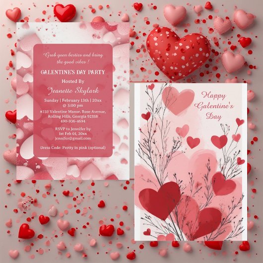 Invitation Pastel Galentine's Day Party Hearts Modern Ivory 